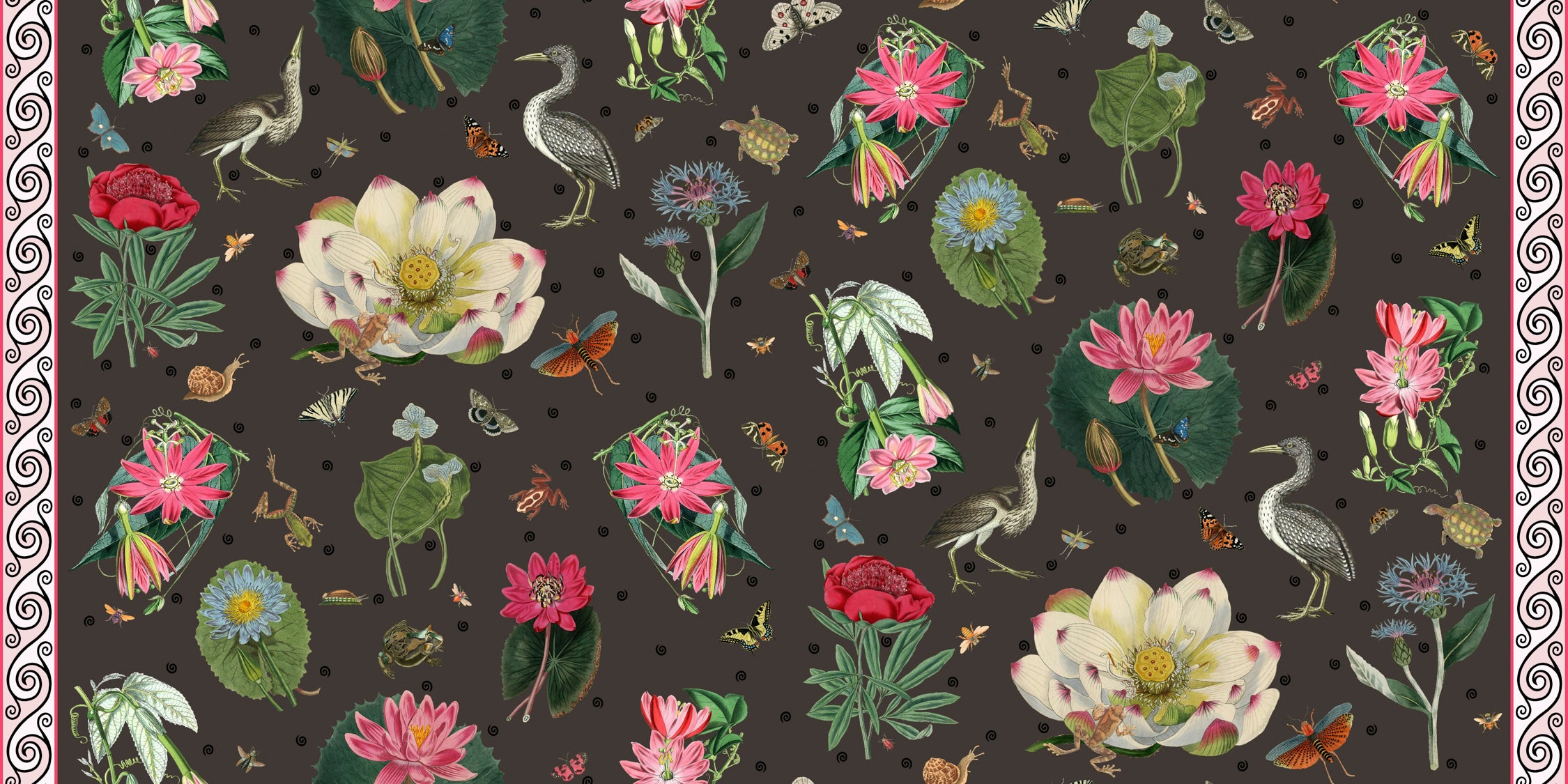 Pink Waterlilies & Shore Birds Fabric