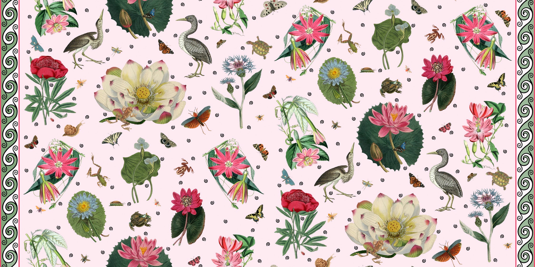 Pink Waterlilies & Shore Birds Fabric