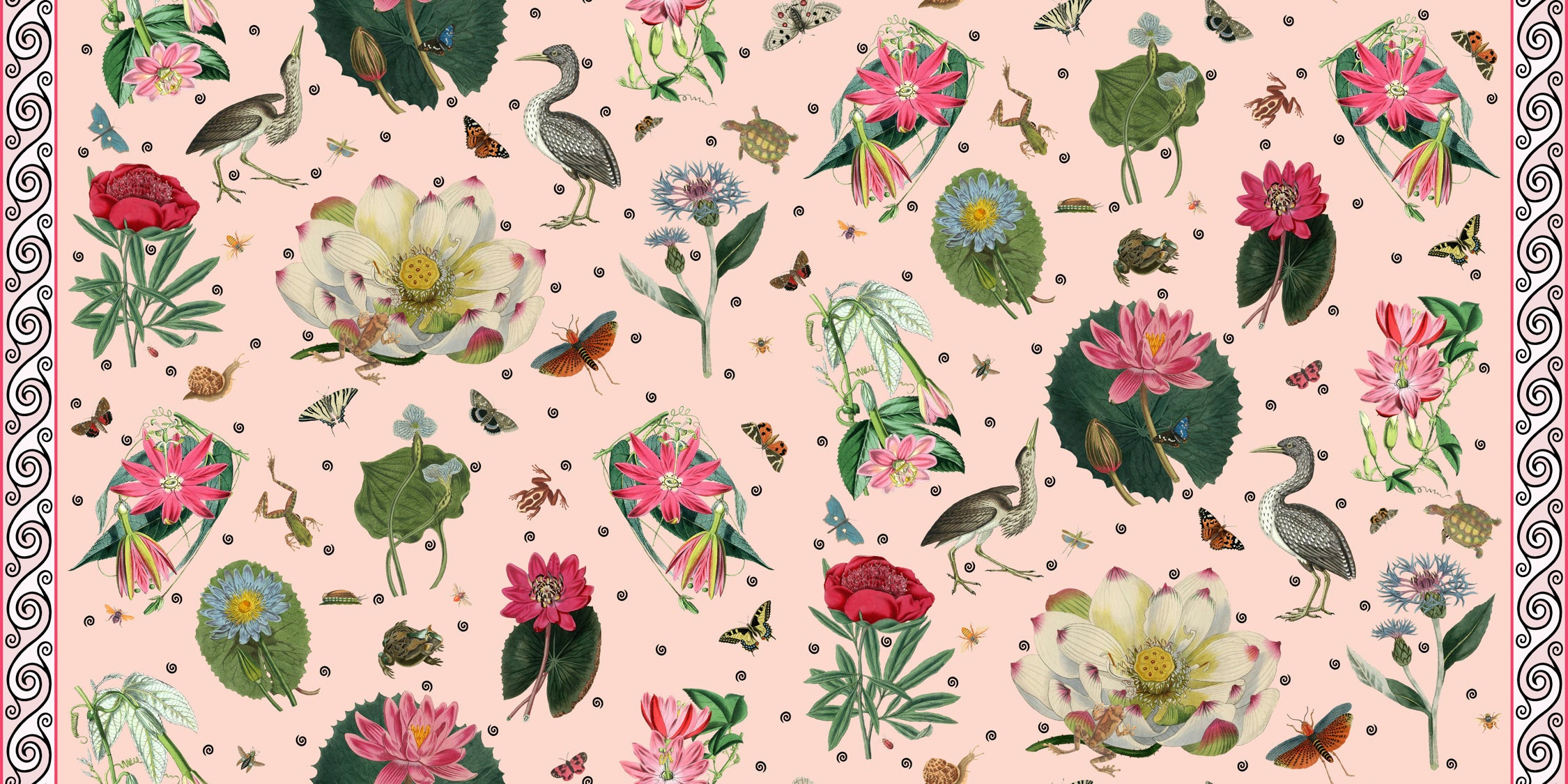 Pink Waterlilies & Shore Birds Fabric