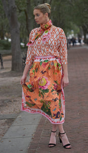 Tree Peony in Melon Pleated Skirt